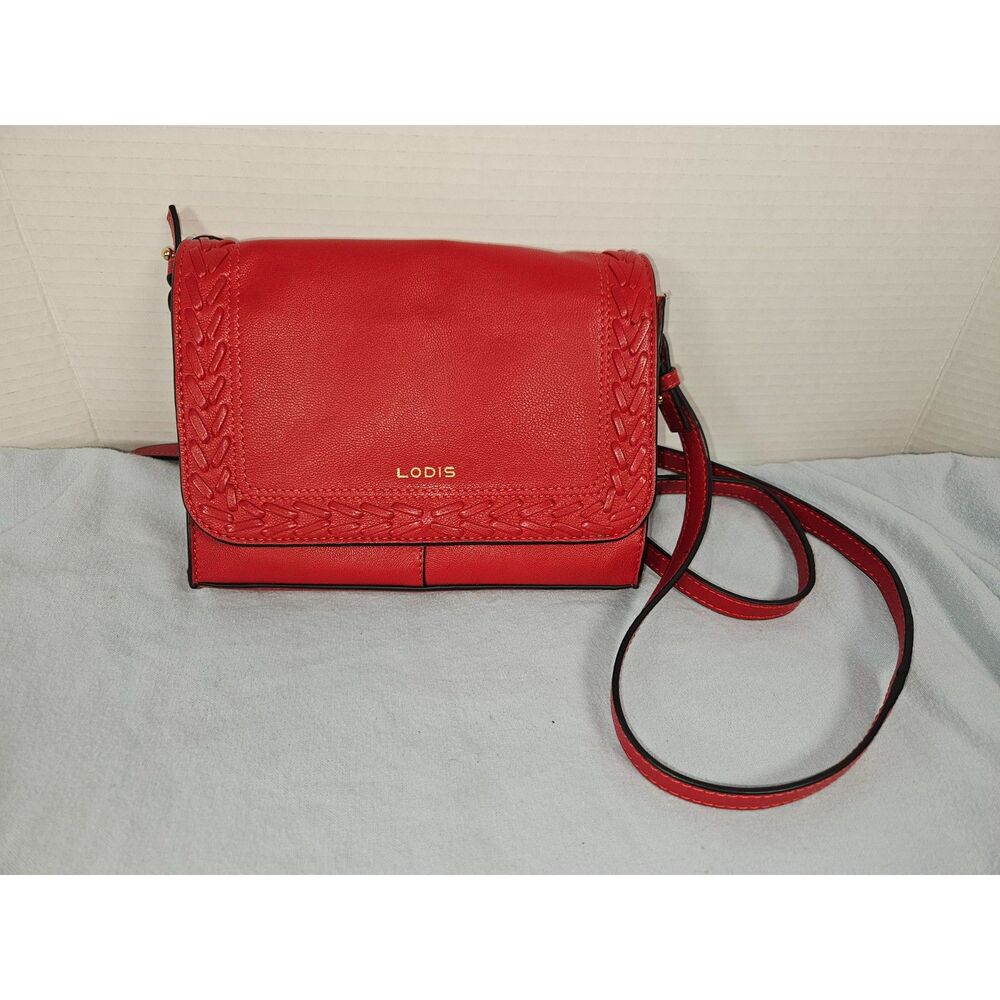 Lodis Red Leather Harper Flap Crossbody Bag Braided Whipstitch Trim